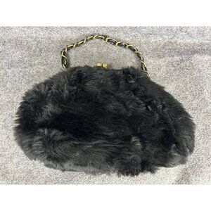 Bueno Clutch Purse Womens Black Faux Fur Kiss Lock Frame Chain Evening Mini Bag
